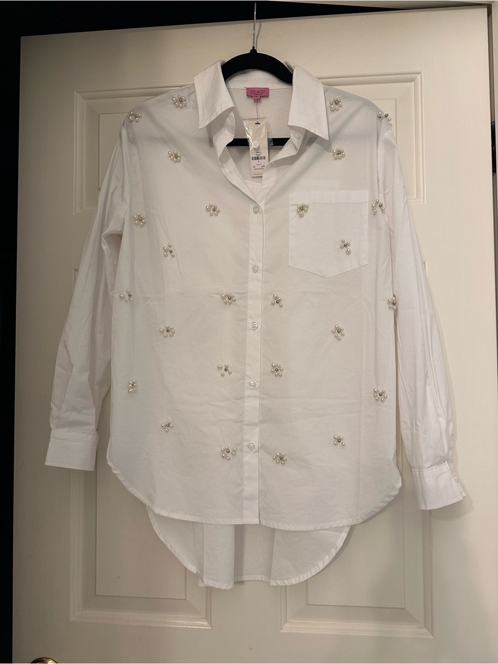 Francesca's Collections White Button-Down Shirt with Pearl Embellishments